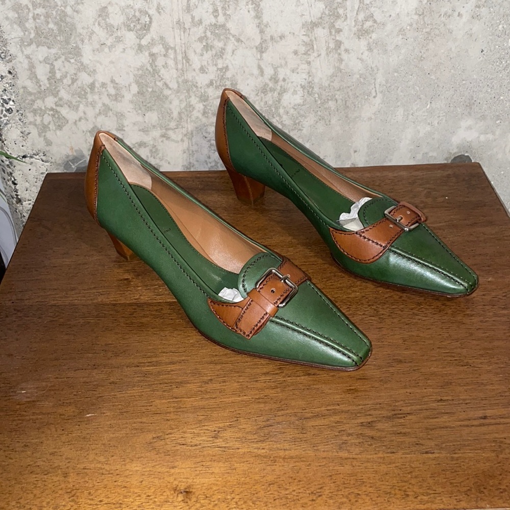 Prada Vero Cuoio Kitten Heels Green and Brown with Buckle Never Worn